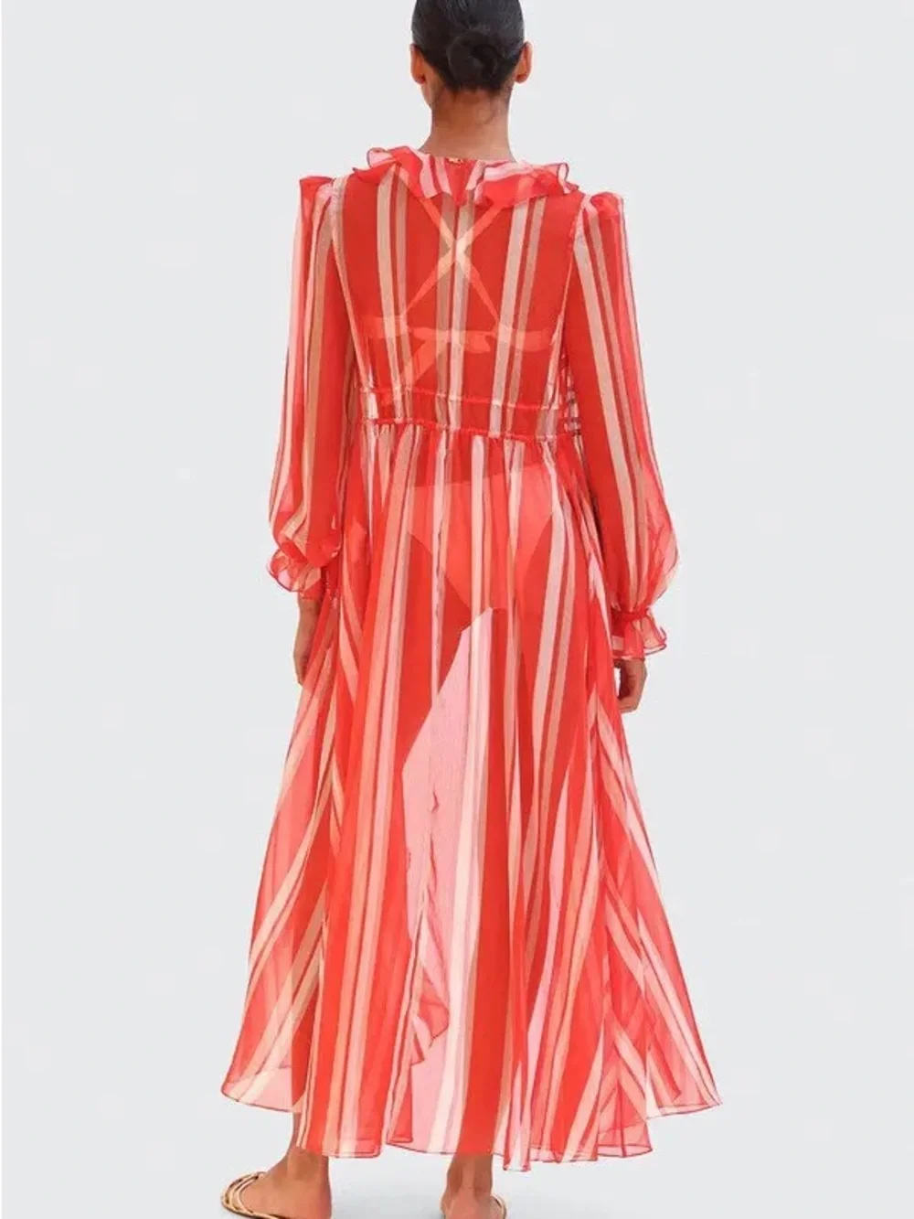 PatBO Red and White Striped Sheer Ruffle Robe Cover